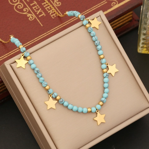 Bohemian Turquoise Bead Necklace With Stainless Steel Eye Butterfly Star Pendants Vintage Clavicle Chain For Women