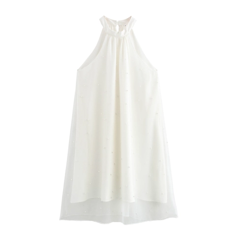 Elegantes Neckholder Mini Kleid Mit Künstliche Perlen Netz Detail Ärmelloses Hohe Taille A-Linie Lose Partykleidung Für Damen
