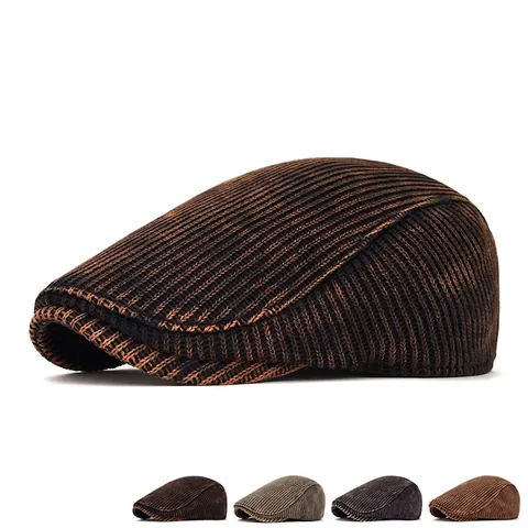 Vintage Knit Ivy Cap For Men Women Ribbed Cotton Flat Hat Retro British Newsboy Cap Foldable Brim Adjustable Winter Warm