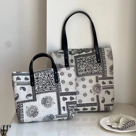 Vintage Paisley Print Tote Τσάντα Βαμβακερή Λινή Καμβά Τσάντα Χειρός Με Λαβές Από Δέρμα PU Ρετρό Τσάντα Ώμου Μεγάλης Χωρητικότητας