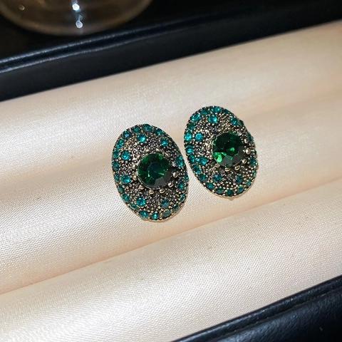 Vintage Ovale Grüne Strassohrringe Mit 925 Sterling Silber Ohrstecker Retro Palast Stil Schmuck Für Damen