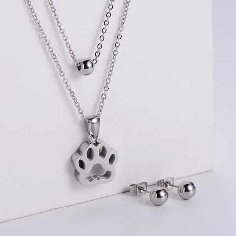 Collana A Doppio Strato Con Impronta Di Zampa E Orecchini A Bottone In Acciaio Inossidabile Gioielli Minimalisti Donna