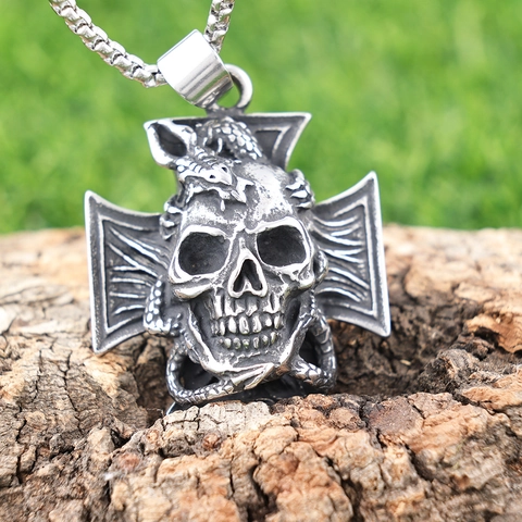 Collana Con Pendente A Croce Teschio Serpente Gotico Acciaio Inossidabile Vintage Punk Stile Oscuro Gioielli Uomo Donna