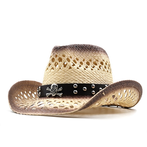 Western Cowboy Hat Natural Straw Gradient Hollow Breathable Wide Brim With Skull Rivets Leather Band Unisex