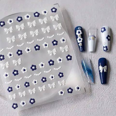 5D Embossed Nail Art Stickers Plumeria Flower Bowknot 3D Relief Self Adhesive Decals Klein Blue White DIY Manicure