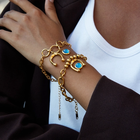 Stainless Steel Horseshoe Jewelry Set Gold Plated Rhinestone Blue Stone Lucky Clover Pendant Necklace Bracelet For Women