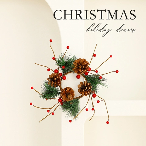 Christmas Artificial Wreath Pine Needle Red Berry Pine Cone Frosted Leaf Door Hanging Candle Ring Festive Holiday Home Decor