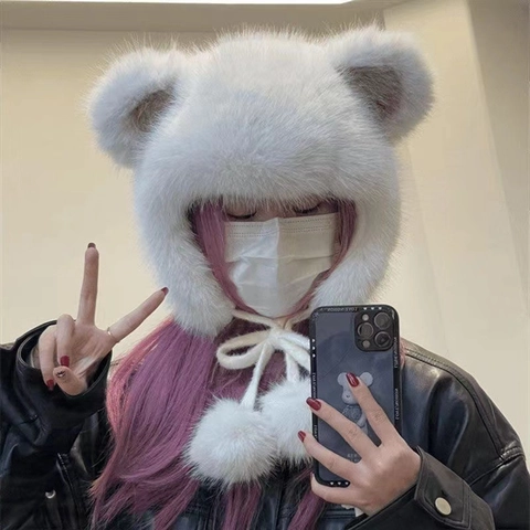 Simpatico Cappello con Paraorecchie in Peluche con Orecchie d'Orso per Donna Cappello in Pelo di Volpe Caldo Invernale