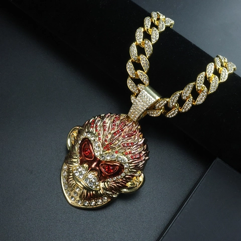 Hip Hop Monkey Head Pendant Necklace Alloy Rhinestone Iced Out Cuban Link Chain Jewelry Accessory
