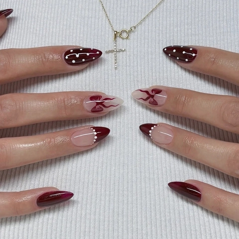 Uñas Postizas A Presión Rojo Vino Forma Almendra French Tip Lunares Lazo Brillantes Para Mujeres