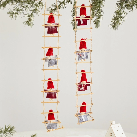 Ornements De Noël Père Noël Bonhomme De Neige Échelle De Corde En Bois Tissu Tricoté Lutins Décoration Festive