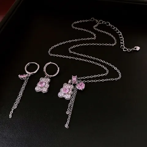 Gioielli Orsetto Rame Zircone Cuore Rosa Collana E Orecchini Asimmetrici Nappa Lusso Francese Placcato Argento