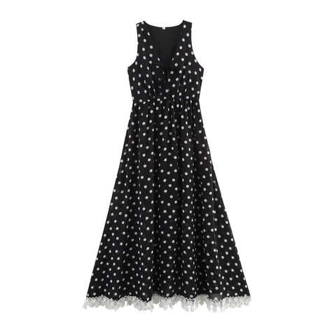 Polka Dot Maxi Jurk Polyester Mouwloos V-Hals Met Kant Zoom Elegant Hoge Taille Vrouwen