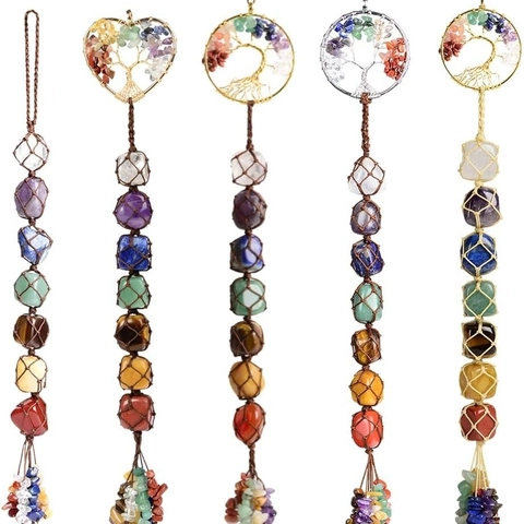 Chakra Natural Raw Stone Crystal Hanging Ornament Hand Woven Rope Tassel Meditation Yoga Home Office Car Decor