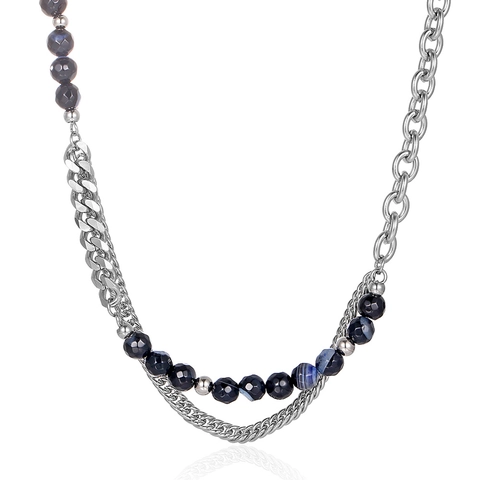 Hip Hop Splicing Necklace Titanium Steel Natural Stone Beads Double Layer Cuban Chain Minimalist Unisex Fashion Jewelry