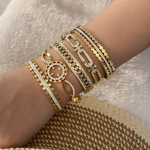 Mode Edelstahl Armreif Vergoldet Hohl Geometrisch Strass Kristall Luxus Schmuck Für Damen
