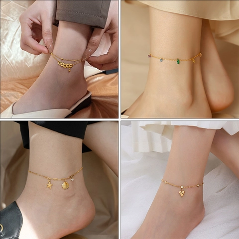 Titanium Steel Anklet Ankle Bracelet For Women Shell Starfish Zircon Heart Bead Ocean Style Jewelry Elegant Foot Chain Accessory