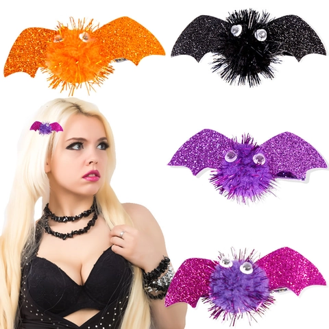 Halloween Bat Wing Hair Clips Glitter Pom Pom Hairpins For Party Cosplay Costume Accessories For Women Girls 5 Colors