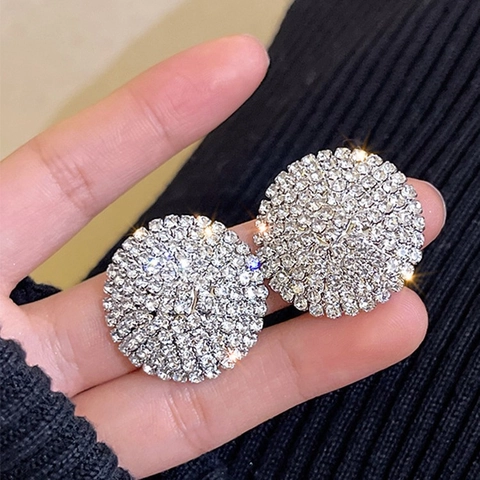 Round Rhinestone Stud Earrings Shiny Geometric Alloy Luxury Fashion Jewelry For Women With Silver Earring Post