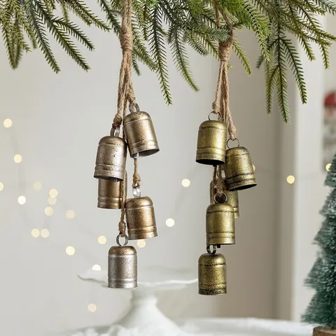 Vintage Metal Bells Hanging Iron Hemp Rope Antique Bronze Finish Christmas Tree Door Wall Holiday Party Decor Rustic