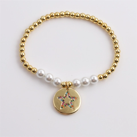 Beaded Bracelet With Copper Beads And Faux Artificial Pearls Zircon Inlaid Star Moon Charms Elastic Fashion Jewelry For Women