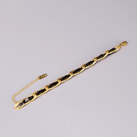 Bracciale A Catena Intrecciata Vintage Placcato Oro 18K Acciaio Titanio 316L E Cordino In Pelle Intrecciato Gioielli Donna