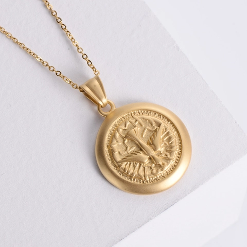 Runde Münze Friedenstaube Anhänger Halskette Für Damen 304 Edelstahl 18K Vergoldet Relief Vogel Minimalistischer Schmuck