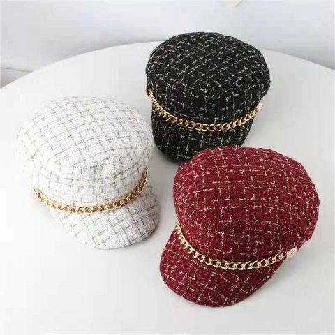 Damen Tweed Schirmmütze Metallkette Vintage Matrosenmütze Barett Hut Elegant Herbst Winter Accessoire