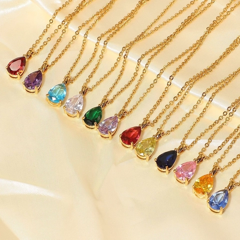 Water Drop Pendant Necklace 18K Gold Plated Stainless Steel Birthstone Cubic Zirconia Elegant Jewelry For Women