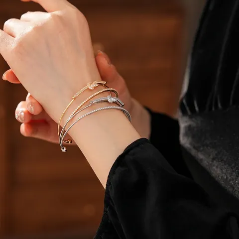 Double Layer Knot Bangle Copper With Micro Paved Zircon Elegant Adjustable Open Bracelet For Women