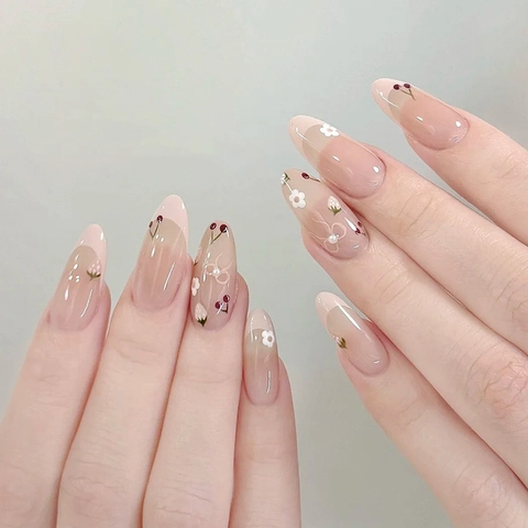 Kunstnagels Amandelvorm Franse Stijl Kers Bloem Strik Ontwerp Zoet Schattig Kunstmatige Nagels Voor Vrouwen