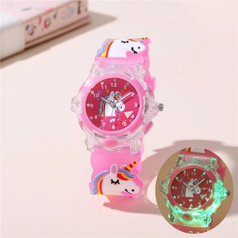 Orologio Al Quarzo Per Bambini Con Cinturino In Silicone Luminoso LED Motivo Unicorno Cartone Animato Quadrante Rotondo