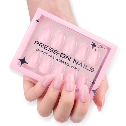 Glossy Pink Press On Nails Almond Shape Solid Color Artificial Fingernails For Women With Glue