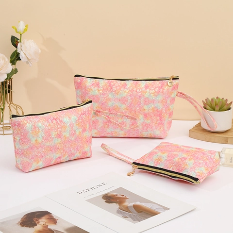 Irisierende Pailletten Spitze Kosmetiktasche Reise Tragbare Toilettenartikel Make-up Organizer Reißverschlussbeutel Mit Handschlaufe