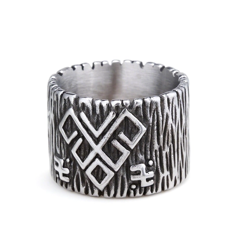 Viking Punk Wide Band Ring 316L Stainless Steel Bark Texture Tribal Rune Symbol Nordic Vintage Silver Jewelry