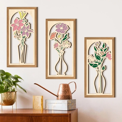 Wooden Wall Art Decor Hollow Out Floral Vase Hanging Panels Home Decoration Rustic Nordic Style