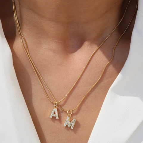 18K Gold Plated Brass Initial Letter Pendant Necklace Micro Inlaid Zirconia Alphabet Snake Chain Fashion Jewelry For Women