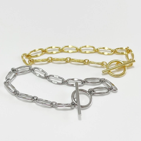 Pulsera De Plata De Ley 925 Cadena Gruesa Martillada Minimalista Cierre De OT Joyería Hecha A Mano Para Mujer