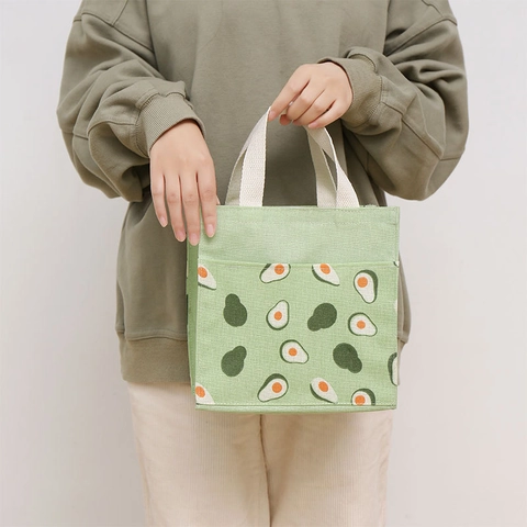 Borsa Pranzo Portatile In Tela E Lino Con Tasca Laterale Simpatica Stampa Frutta E Animali Borsa A Mano Per Donne E Studenti