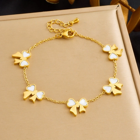 Bowknot Pendant Bracelet Stainless Steel Gold Plated White Mother Of Artificial Pearl Inlaid Thin Adjustable Chain
