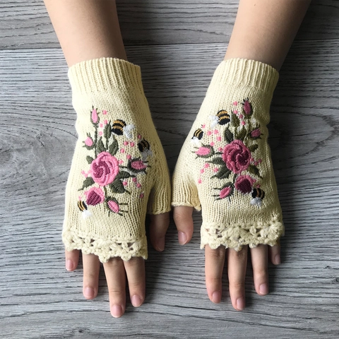 Mitones De Punto Para Mujer Acrílico Rosa Abeja Bordado Cálido Retro Floral Crochet Calentadores De Manos