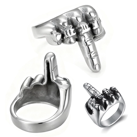 Vintage Punk Fist Middle Finger Ring 316 Stainless Steel Gothic Letter Biker Jewelry For Men Steel Color