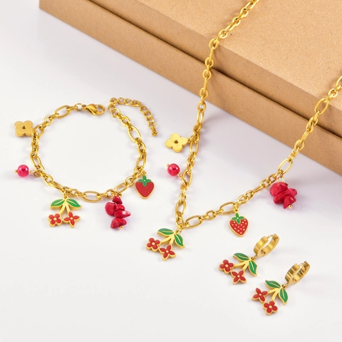 Bijoux Fruit Fraise Cerise Acier Inoxydable Émail Rouge Collier Bracelet Boucles Oreilles Mode Douce Femme