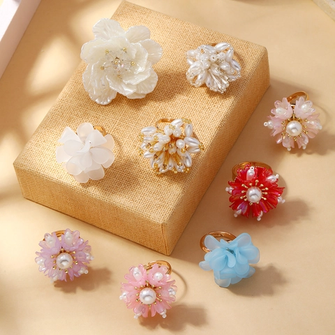 Handmade Petal Woven Flower Ring Alloy Artificial Pearl Open Adjustable Finger Ring Korean Style Jewelry For Women Girls