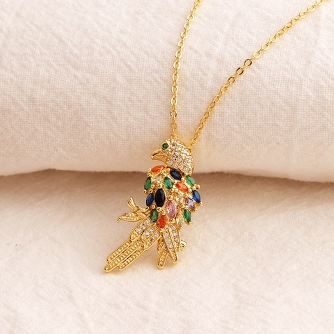 Collana Con Pendente Animale Con Zirconi Colorati Ottone Placcato Oro 18K Uccello Elefante Gioielli Di Moda Per Donna