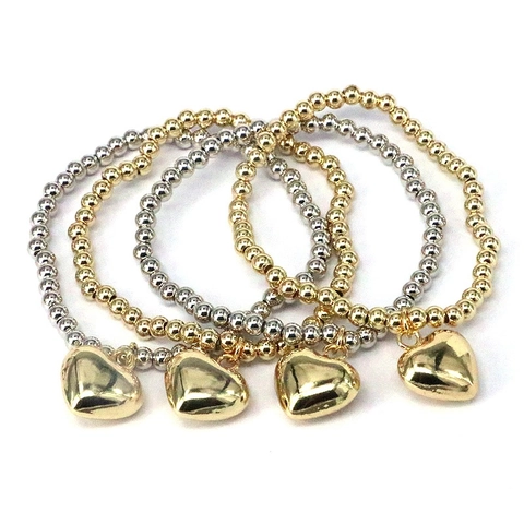 Fashion Copper Bead Elastic Bracelet With Heart Pendant 18K Gold Silver Plated Sweet Jewelry For Women Daily Gift