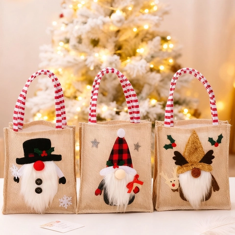 Sacchetti Regalo Di Natale In Juta Borsa Tote Con Decorazione 3D Gnomo Pupazzo Di Neve Renna Manico A Righe Festa Di Vacanza