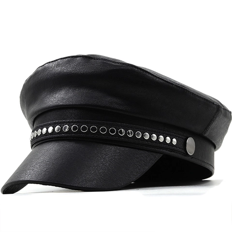 Casquette Newsboy En Cuir PU Pour Femmes Chapeau Marine Vintage À Toit Plat Avec Rivets Métalliques Béret Style Militaire Rétro