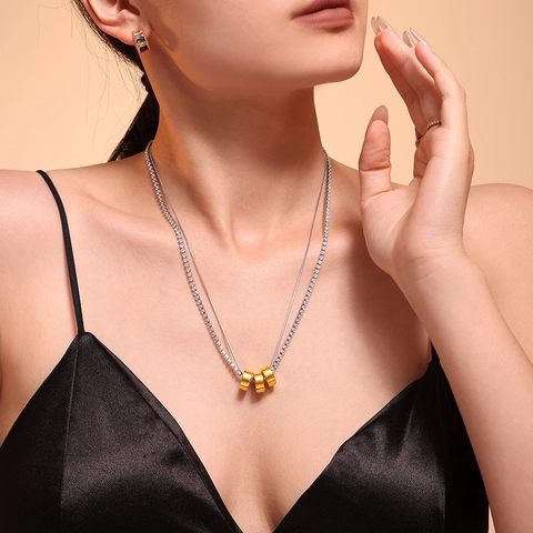 Fashion Titanium Steel Double Layer Necklace With Colorful Zirconia Three Ring Pendant Elegant Jewelry For Women Party Gift