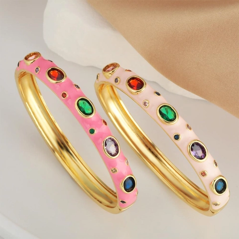 Braccialetto alla Moda Europea in Rame Placcato Oro e Smalto con Strass Colorati Intarsiati Braccialetto di Lusso Donna